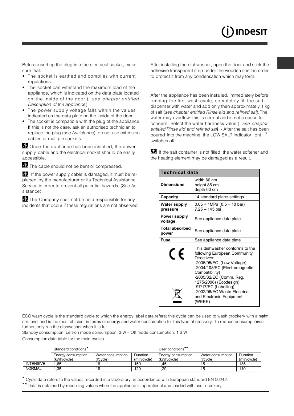 Advice regarding the first wash cycle | Indesit DFP-5731M-EU User Manual | Page 3 / 84