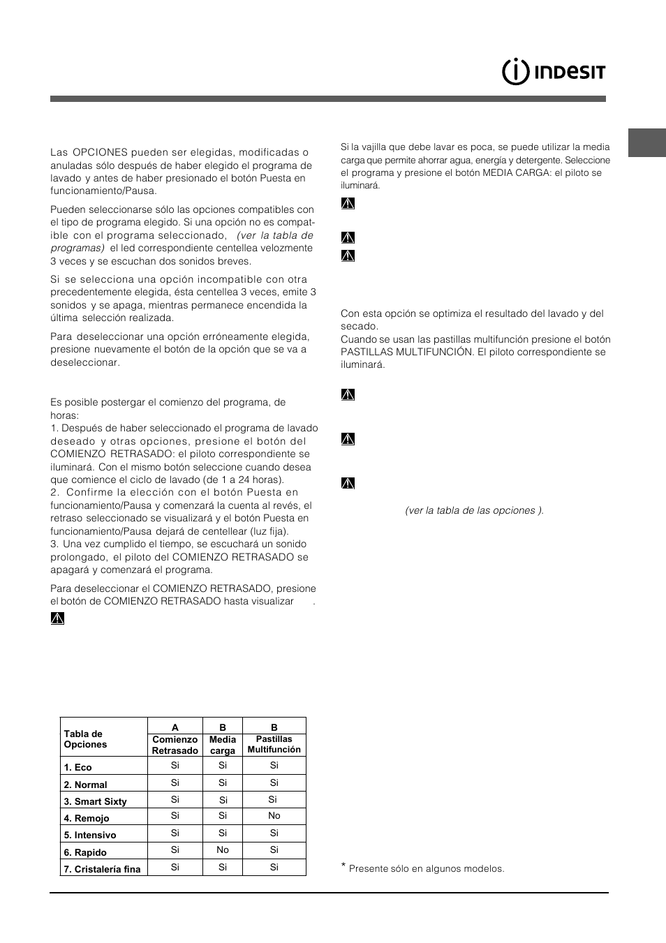 Opciones de lavado | Indesit DFP-5731M-EU User Manual | Page 31 / 84