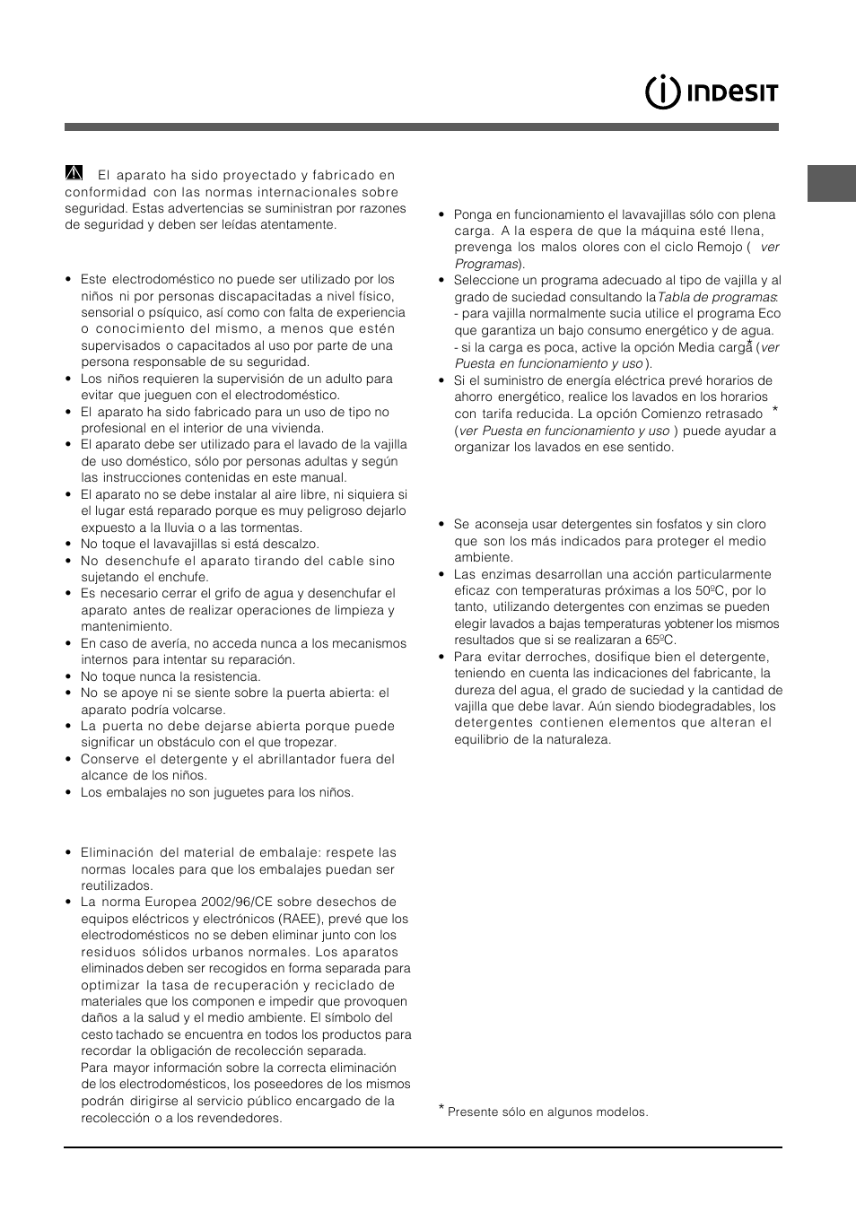 Precauciones y consejos, Seguridad general, Eliminación | Ahorrar y respetar el medio ambiente | Indesit DFP-5731M-EU User Manual | Page 35 / 84