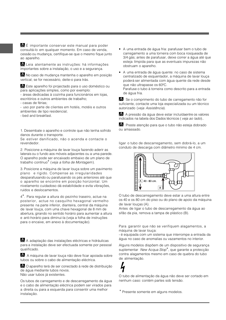 Instalação, Posicionamento e nivelamento, Ligações hidráulicas e eléctricas | Indesit DFP-5731M-EU User Manual | Page 38 / 84