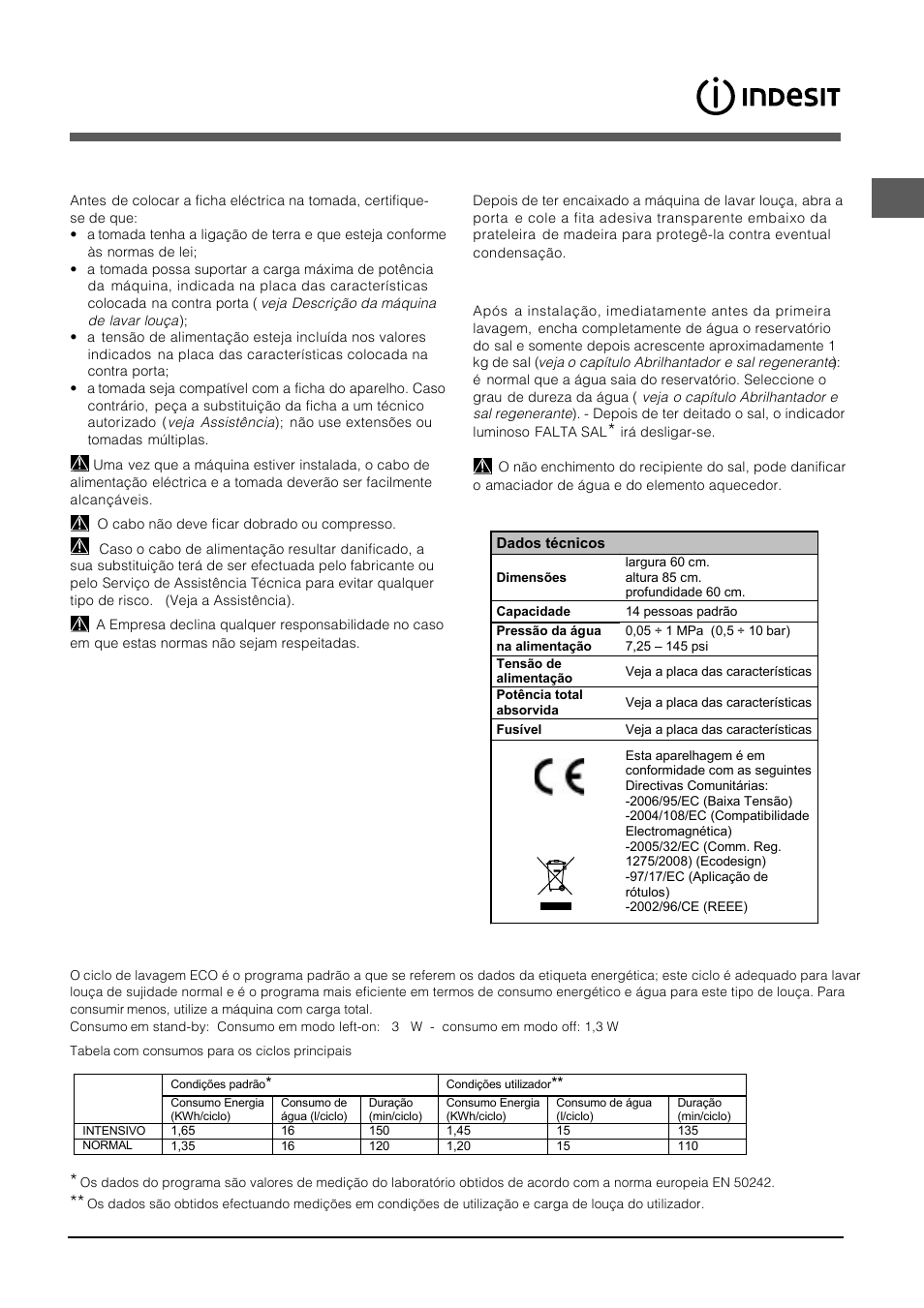 Advertências para a primeira lavagem | Indesit DFP-5731M-EU User Manual | Page 39 / 84