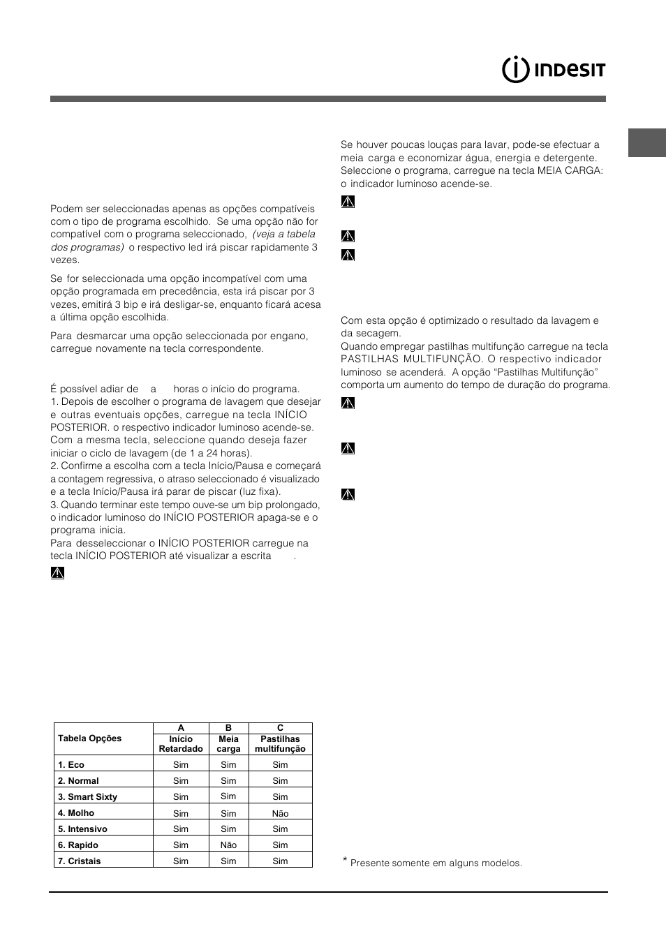 Opções de lavagem, Início posterior, Pastilhas multifunção | Meia carga | Indesit DFP-5731M-EU User Manual | Page 43 / 84