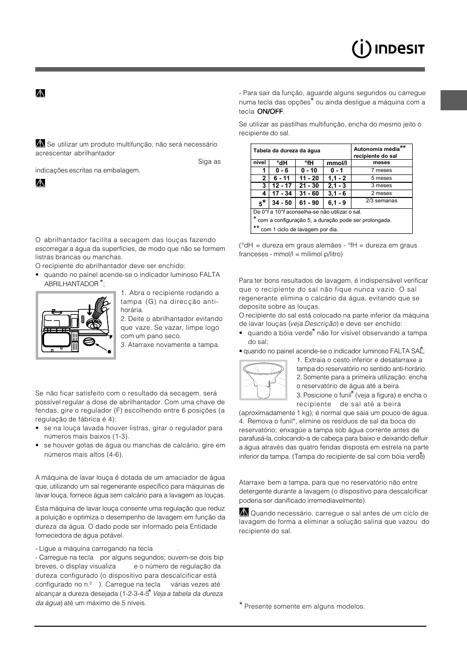 Abrilhantador e sal regenerante, Carregar o abrilhantador, Carregar o sal regenerante | Indesit DFP-5731M-EU User Manual | Page 45 / 84