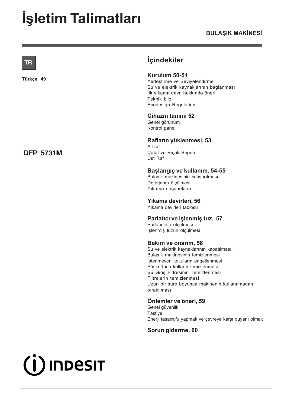 Ýþletim talimatlarý, Ýçindekiler, Dfp 5731m | Indesit DFP-5731M-EU User Manual | Page 49 / 84