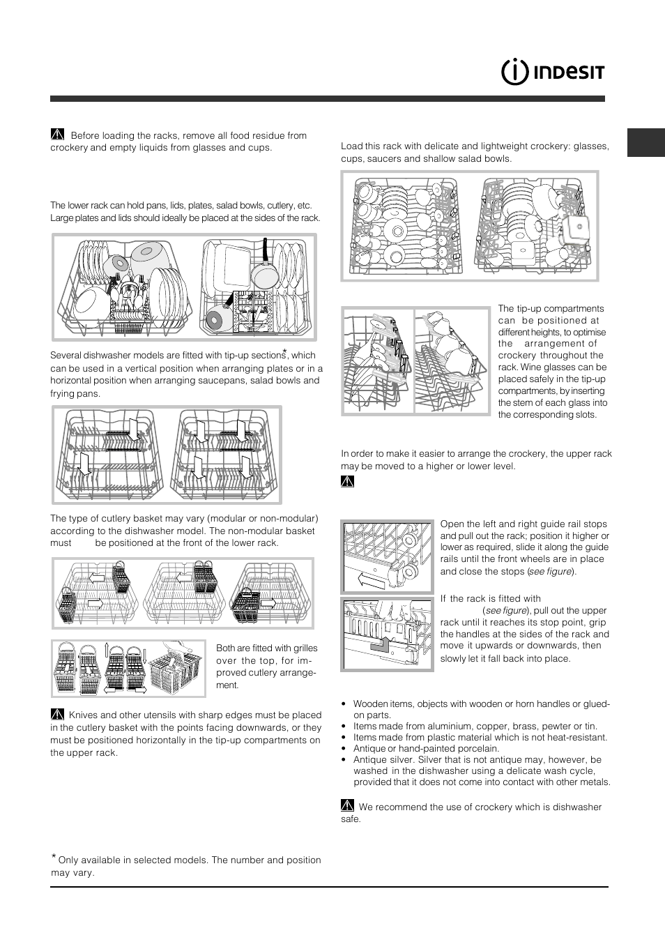 Loading the racks, Lower rack and cutlery basket, Upper rack | Indesit DFP-5731M-EU User Manual | Page 5 / 84