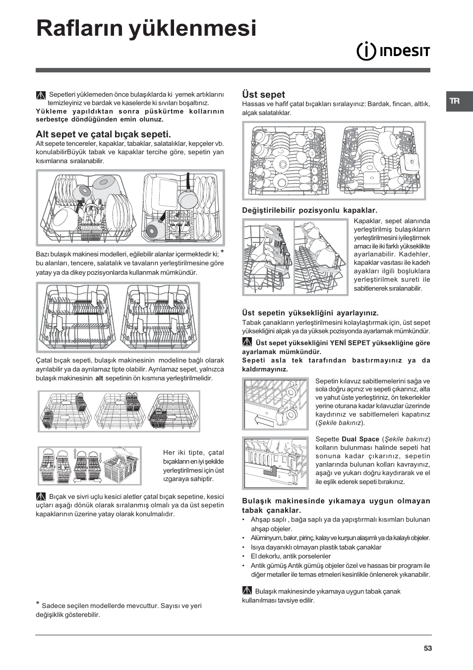 Raflarýn yüklenmesi, Alt sepet ve çatal býçak sepeti, Üst sepet | Indesit DFP-5731M-EU User Manual | Page 53 / 84