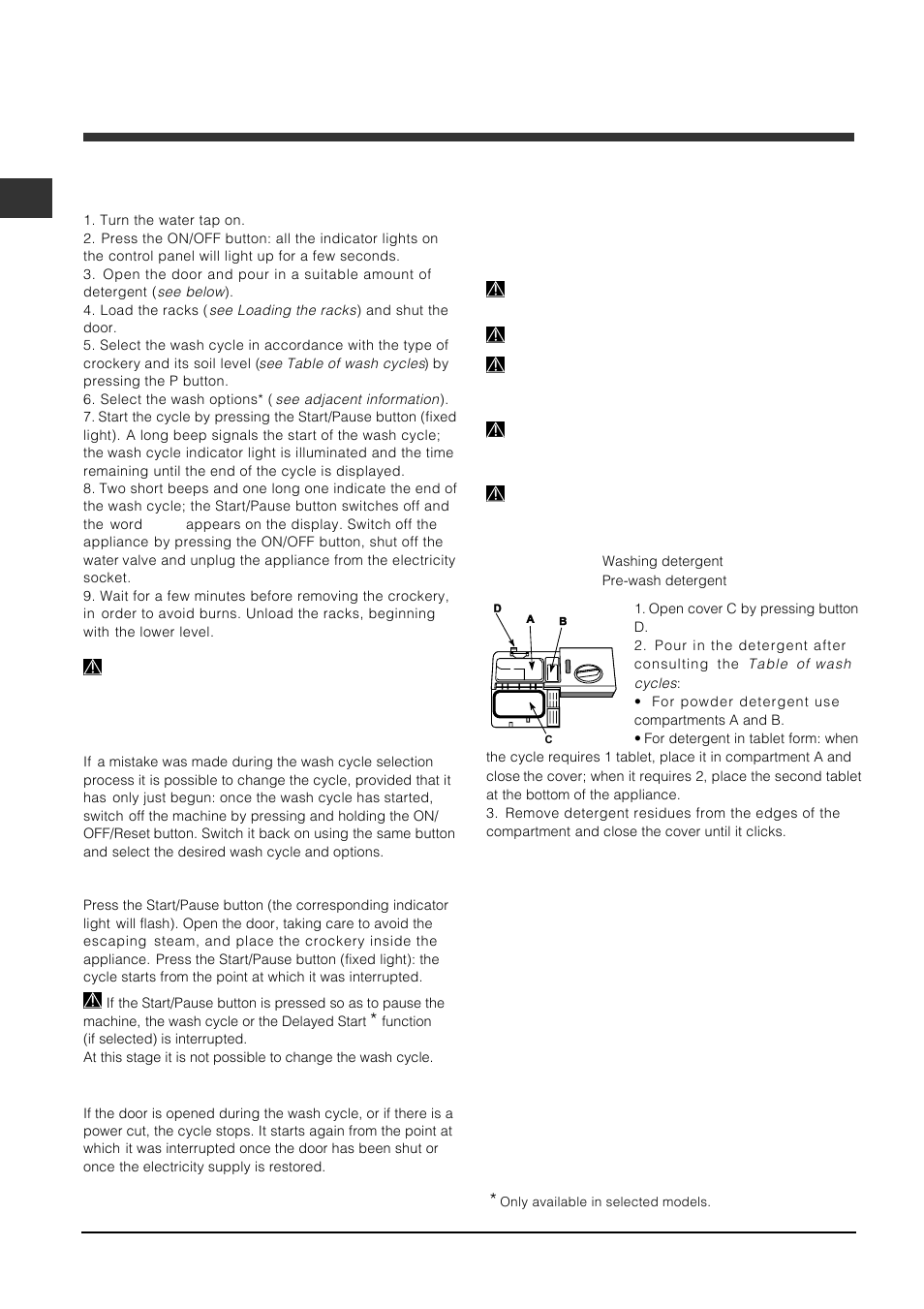 Start-up and use, Measuring out the detergent, Starting the dishwasher | Indesit DFP-5731M-EU User Manual | Page 6 / 84