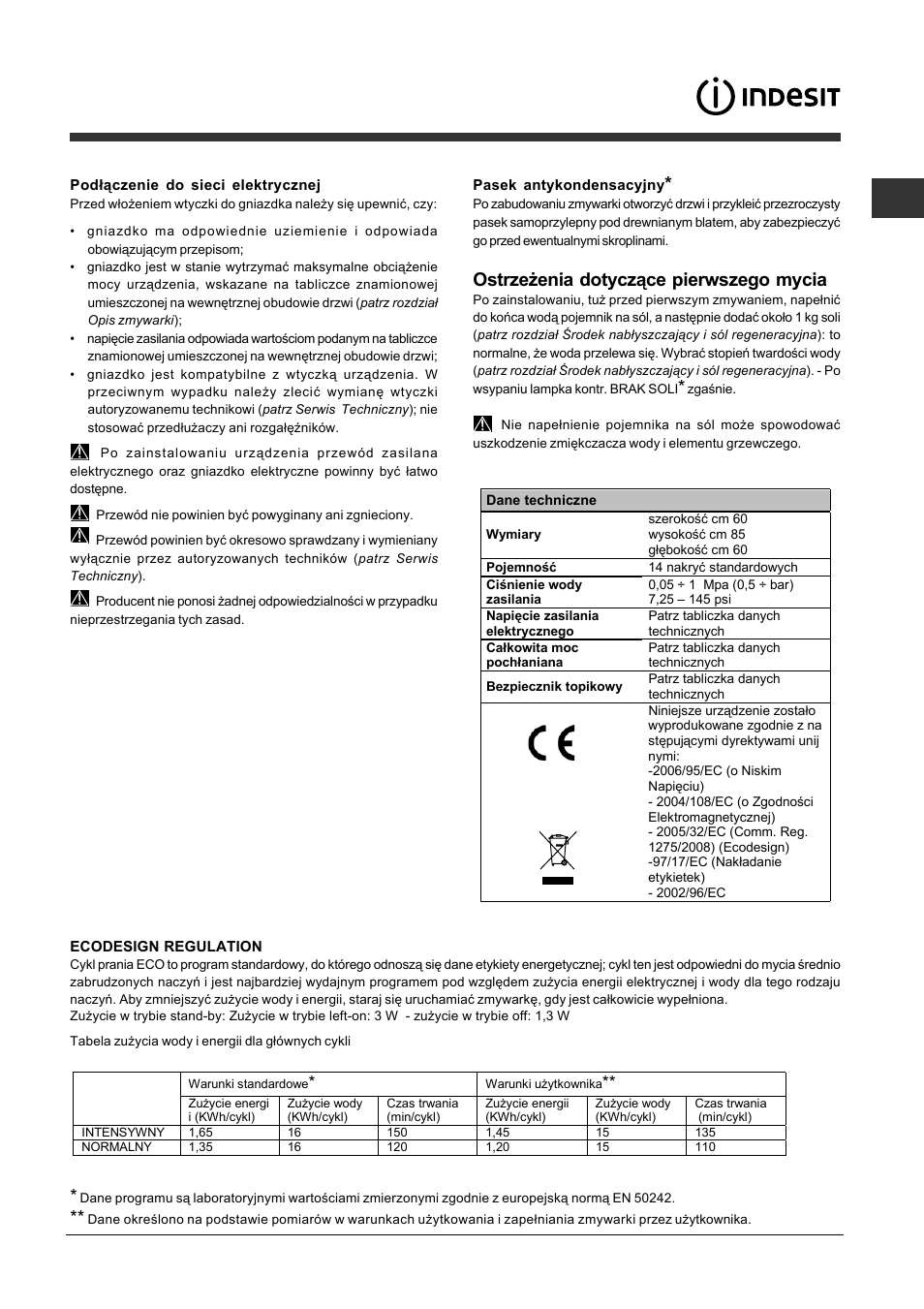 Ostrzeżenia dotyczące pierwszego mycia | Indesit DFP-5731M-EU User Manual | Page 63 / 84