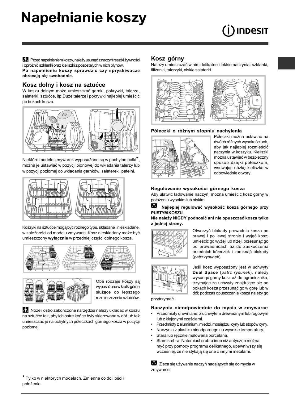 Napełnianie koszy, Kosz dolny i kosz na sztućce, Kosz górny | Indesit DFP-5731M-EU User Manual | Page 65 / 84