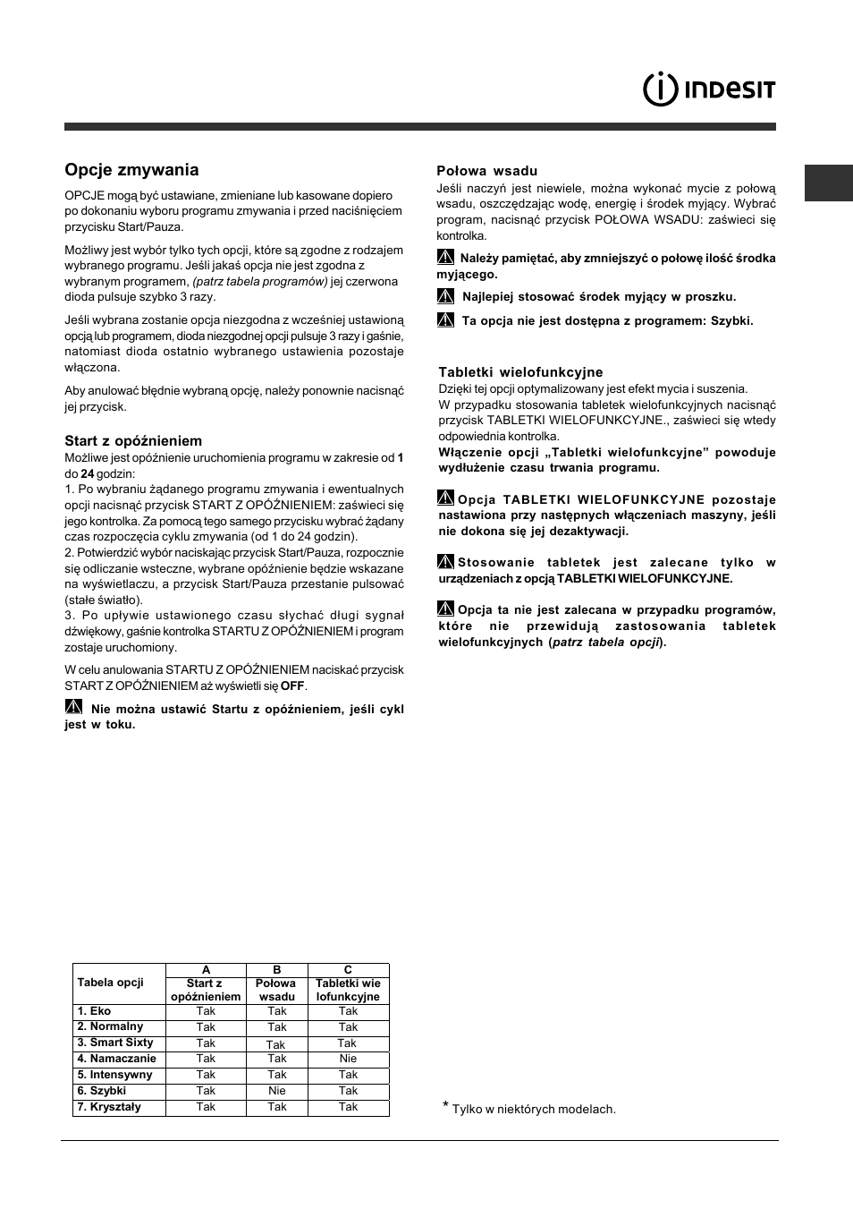 Opcje zmywania | Indesit DFP-5731M-EU User Manual | Page 67 / 84