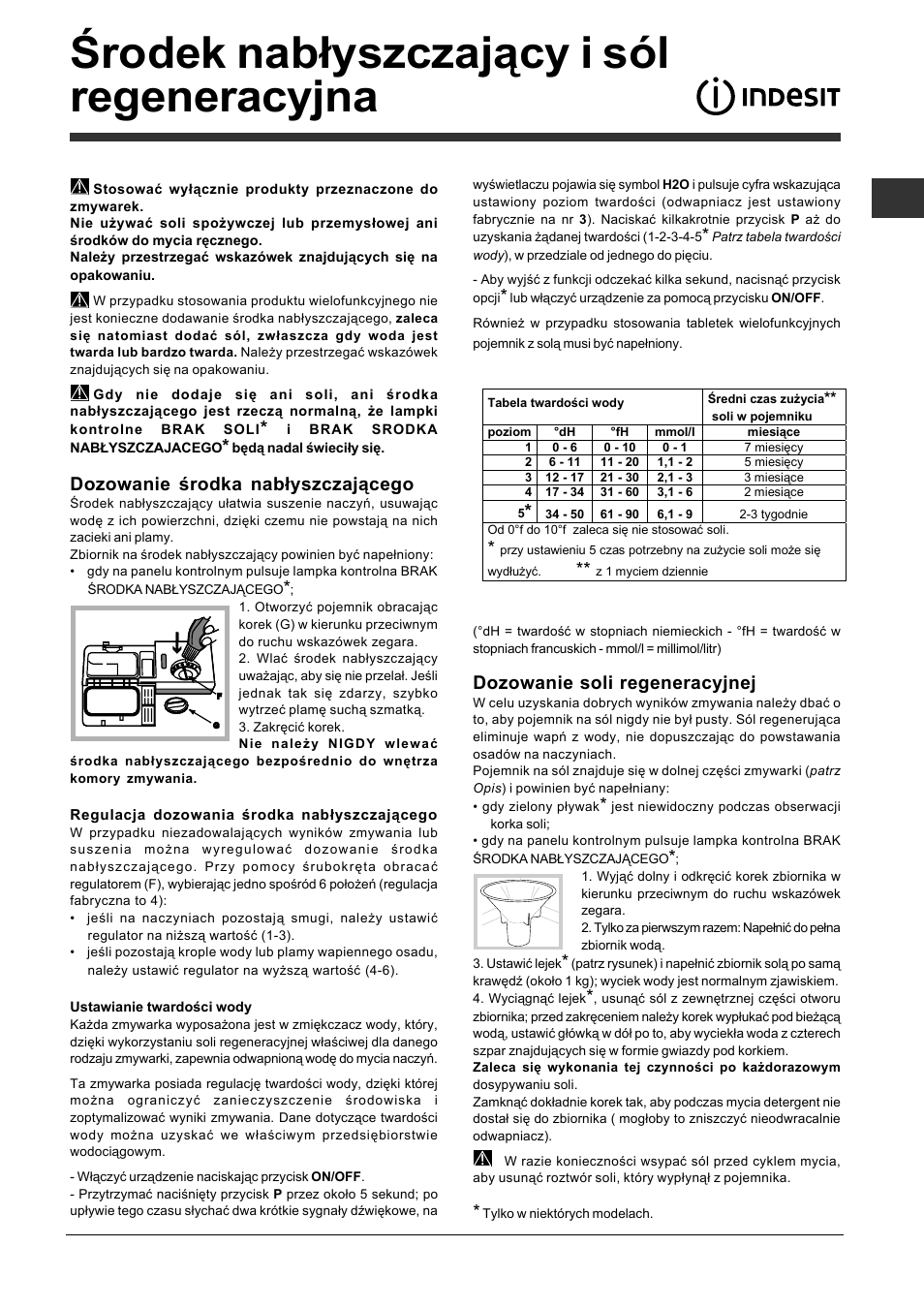 Środek nabłyszczający i sól regeneracyjna, Dozowanie środka nabłyszczającego, Dozowanie soli regeneracyjnej | Indesit DFP-5731M-EU User Manual | Page 69 / 84