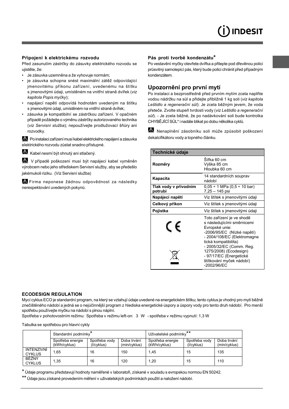 Upozornění pro první mytí | Indesit DFP-5731M-EU User Manual | Page 75 / 84