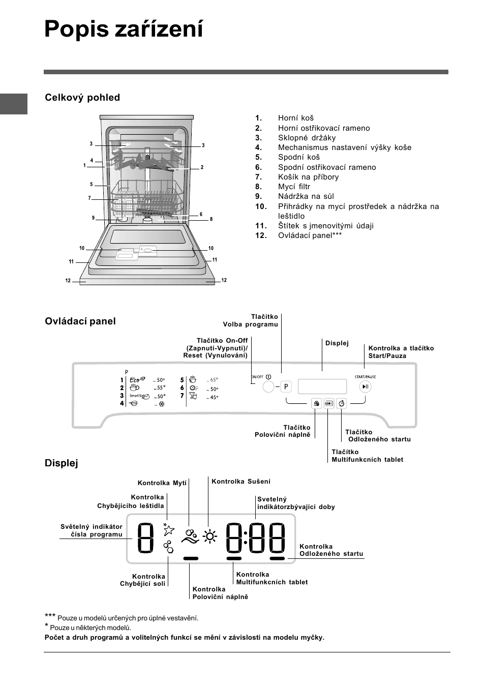 Popis zaŕízení, Celkový pohled, Ovládací panel | Displej | Indesit DFP-5731M-EU User Manual | Page 76 / 84