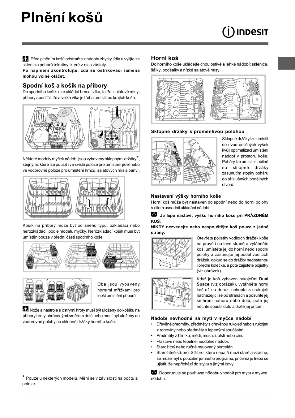 Plnění košů, Spodní koš a košík na pŕíbory, Horní koš | Indesit DFP-5731M-EU User Manual | Page 77 / 84