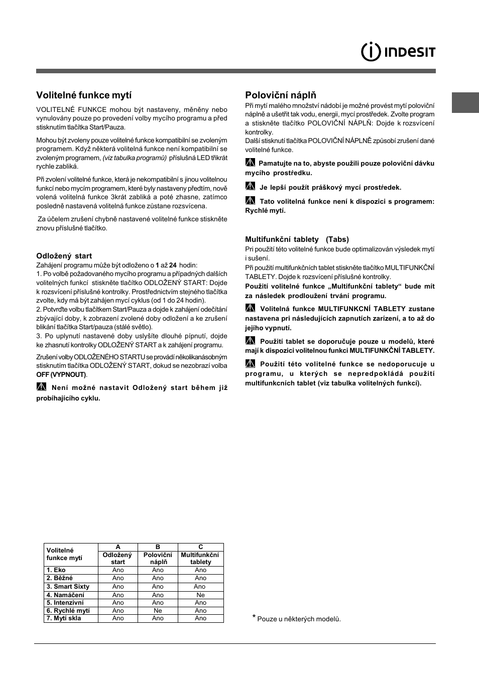 Volitelné funkce mytí, Poloviční náplň | Indesit DFP-5731M-EU User Manual | Page 79 / 84