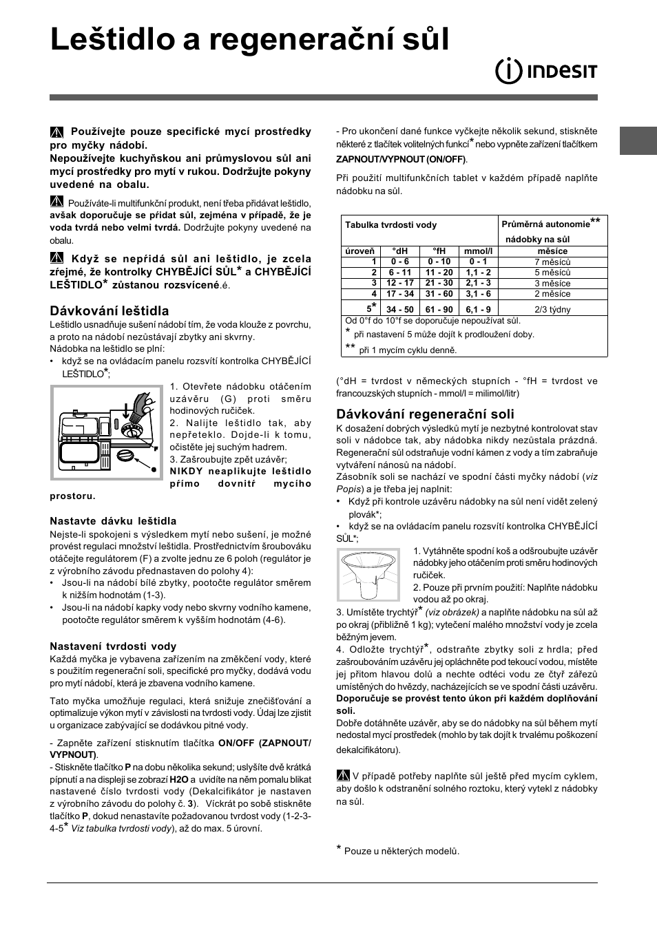 Leštidlo a regenerační sůl, Dávkování leštidla, Dávkování regenerační soli | Indesit DFP-5731M-EU User Manual | Page 81 / 84