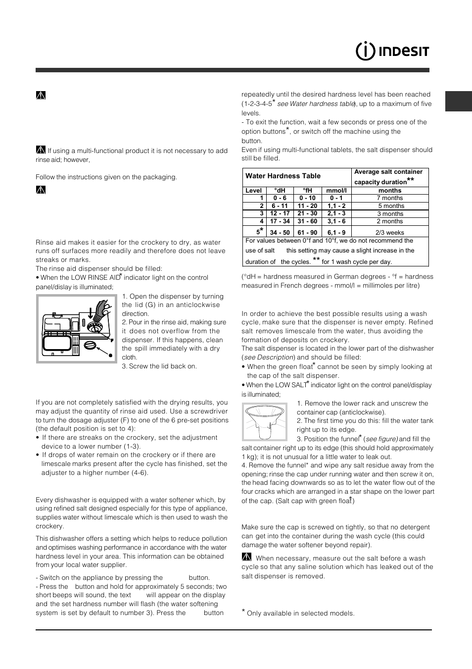 Rinse aid and refined salt, Measuring out the rinse aid, Measuring out the refined salt | Indesit DFP-5731M-EU User Manual | Page 9 / 84