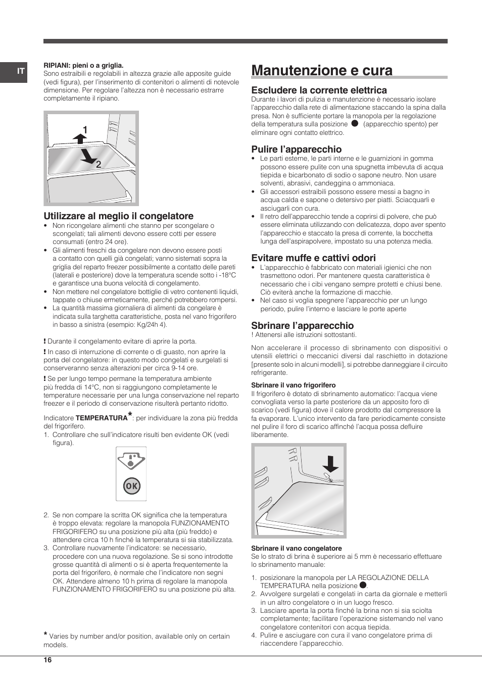 Manutenzione e cura, Utilizzare al meglio il congelatore, Escludere la corrente elettrica | Pulire l’apparecchio, Evitare muffe e cattivi odori, Sbrinare l’apparecchio | Indesit TIAA 10 X User Manual | Page 16 / 60