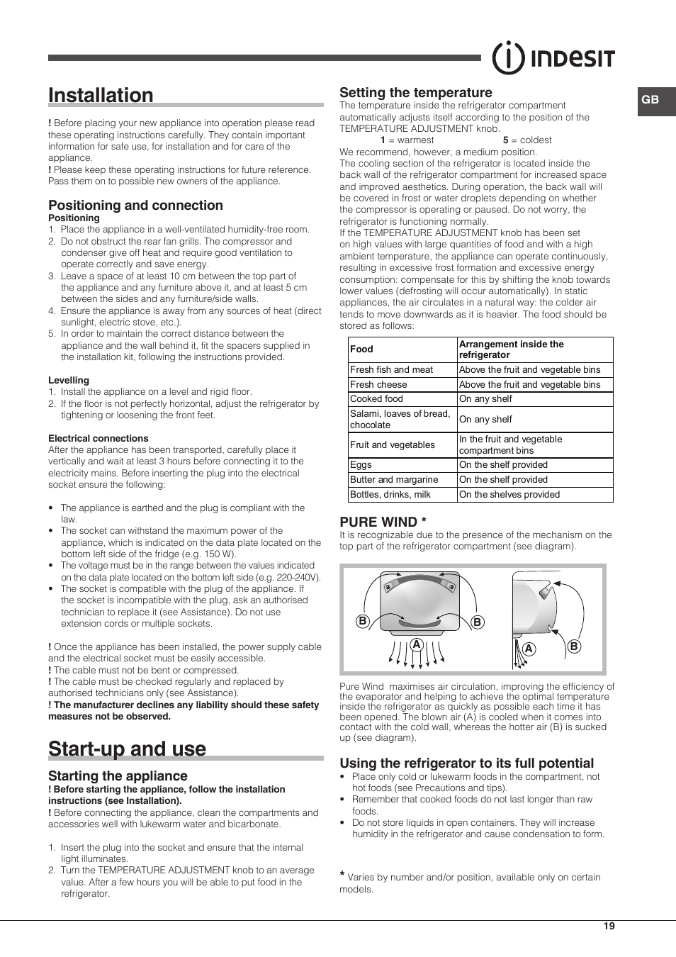 Installation, Start-up and use, Positioning and connection | Starting the appliance, Setting the temperature, Pure wind, Using the refrigerator to its full potential | Indesit TIAA 10 X User Manual | Page 19 / 60