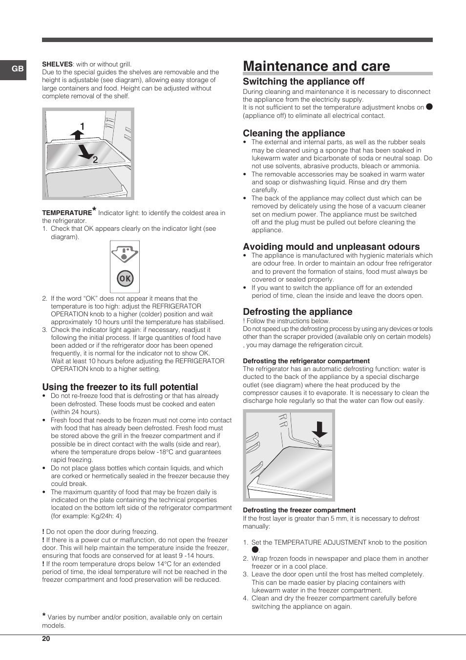 Maintenance and care, Using the freezer to its full potential, Switching the appliance off | Cleaning the appliance, Avoiding mould and unpleasant odours, Defrosting the appliance | Indesit TIAA 10 X User Manual | Page 20 / 60
