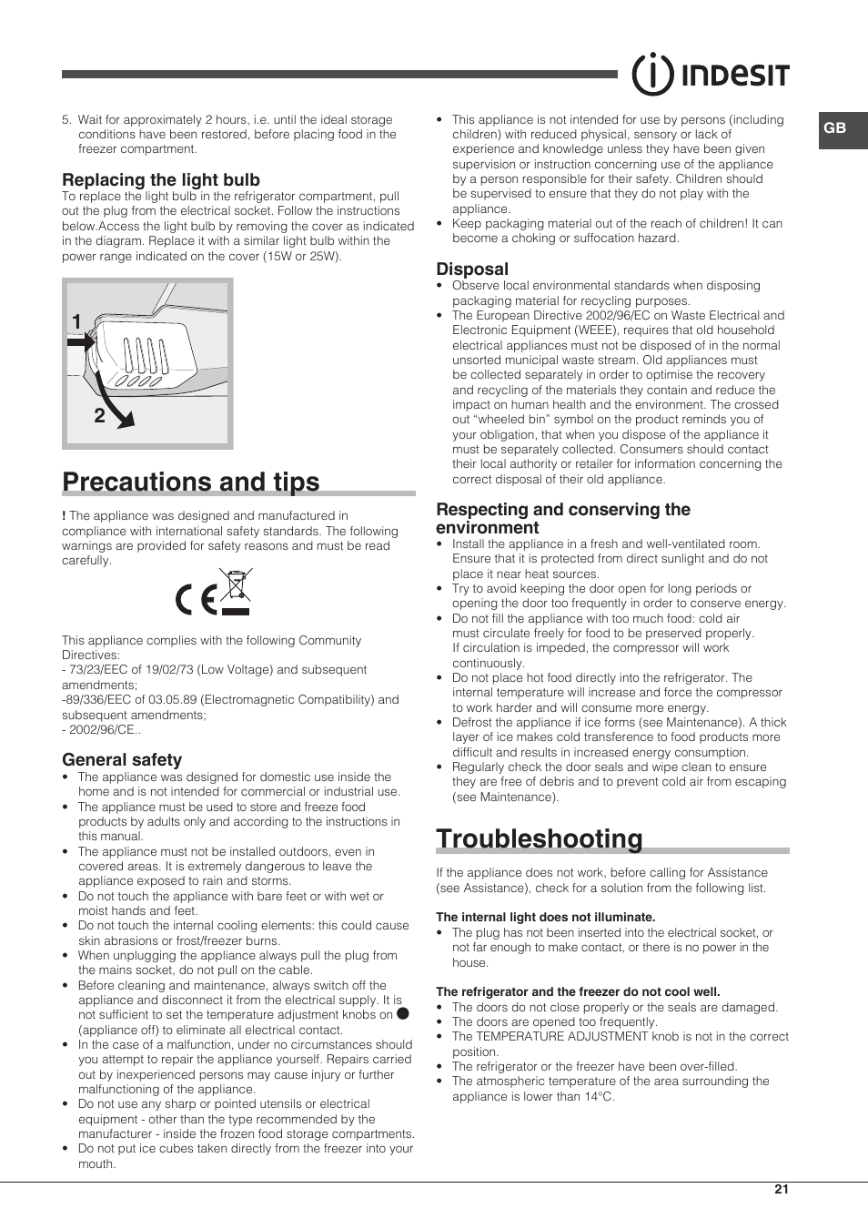Precautions and tips, Troubleshooting, Replacing the light bulb | General safety, Disposal, Respecting and conserving the environment | Indesit TIAA 10 X User Manual | Page 21 / 60