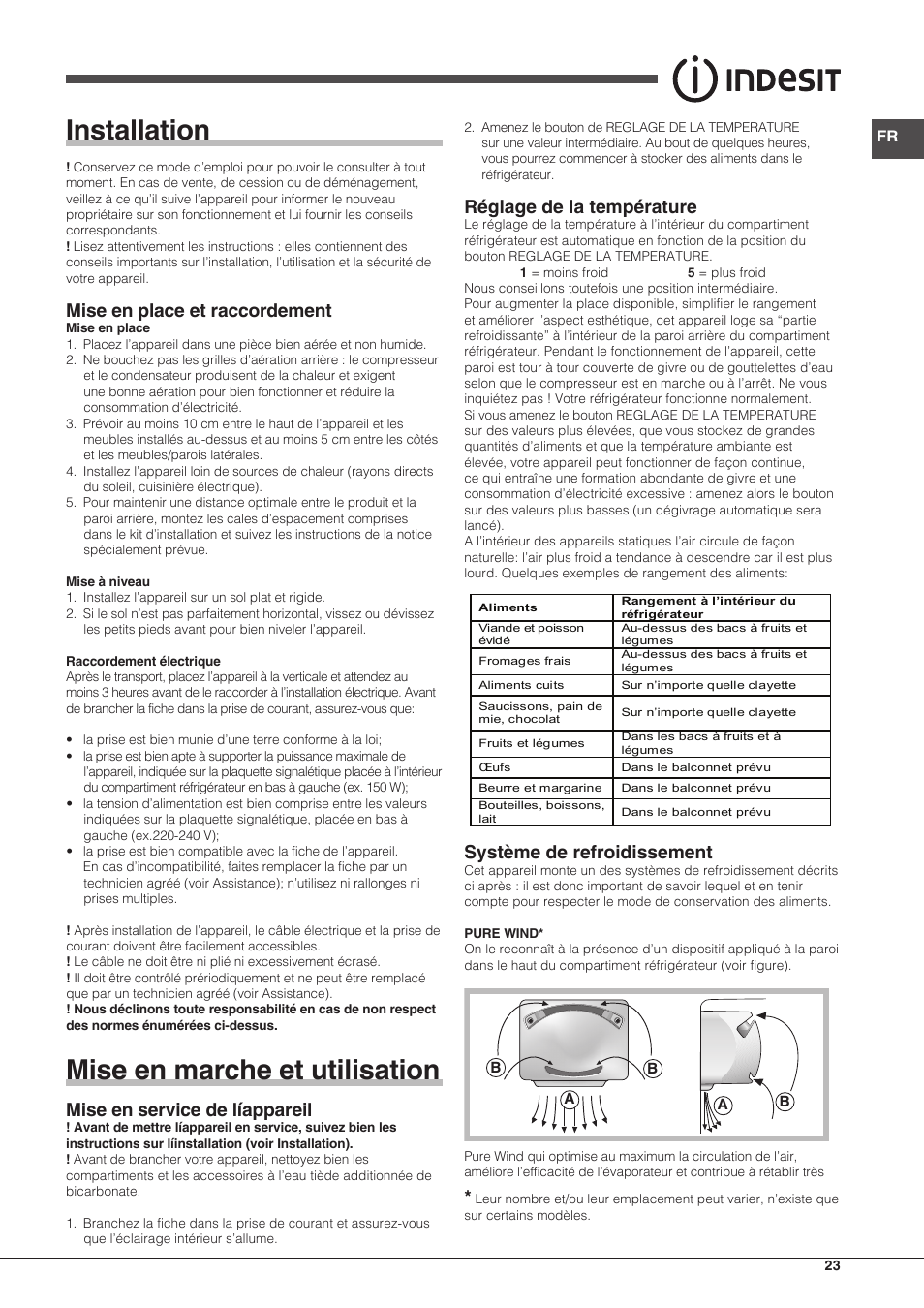 Installation, Mise en marche et utilisation, Mise en place et raccordement | Mise en service de líappareil, Réglage de la température, Système de refroidissement | Indesit TIAA 10 X User Manual | Page 23 / 60