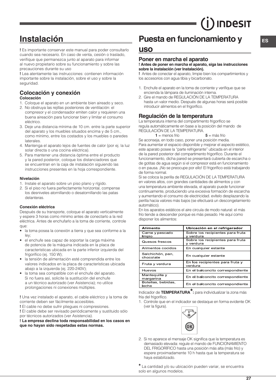 Instalación, Puesta en funcionamiento y uso, Colocación y conexión | Poner en marcha el aparato, Regulación de la temperatura | Indesit TIAA 10 X User Manual | Page 27 / 60