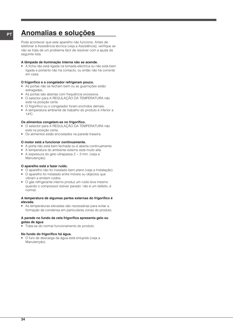 Anomalias e soluções | Indesit TIAA 10 X User Manual | Page 34 / 60