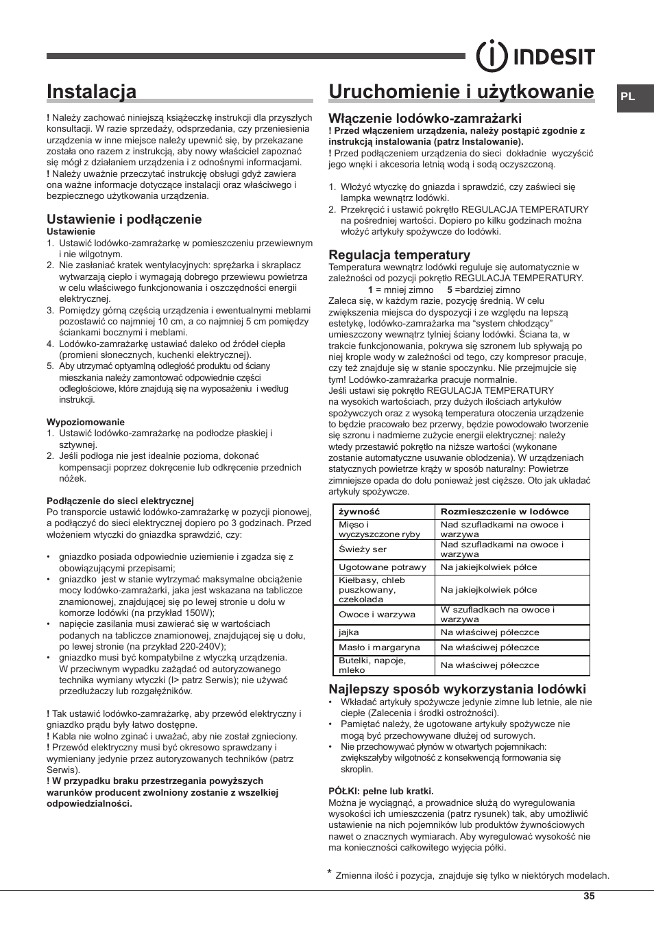 Instalacja, Uruchomienie i użytkowanie, Ustawienie i podłączenie | Włączenie lodówko-zamrażarki, Regulacja temperatury, Najlepszy sposób wykorzystania lodówki | Indesit TIAA 10 X User Manual | Page 35 / 60
