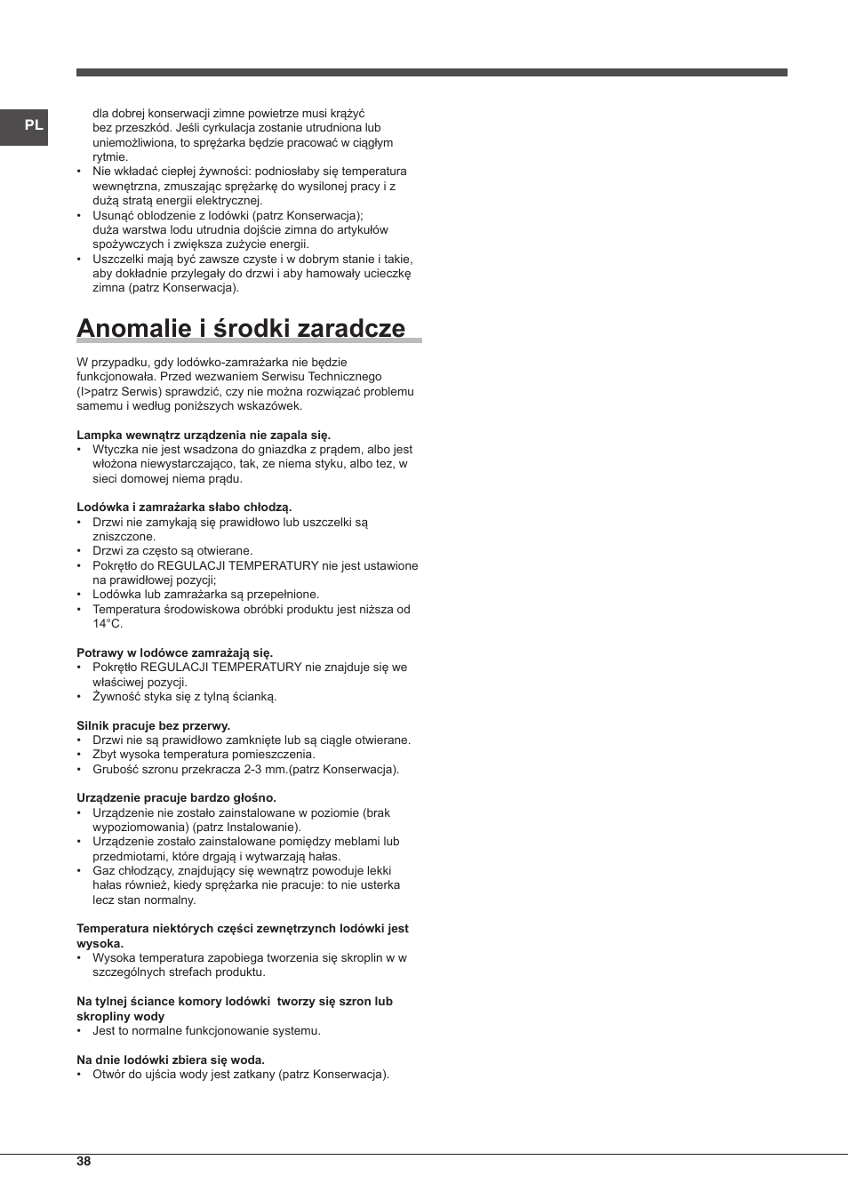 Anomalie i środki zaradcze | Indesit TIAA 10 X User Manual | Page 38 / 60