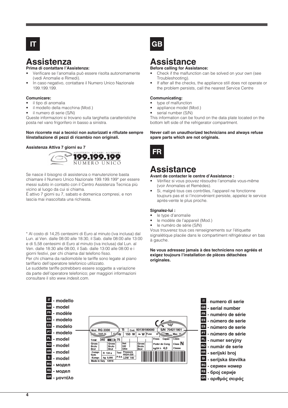 Assistenza, Assistance | Indesit TIAA 10 X User Manual | Page 4 / 60