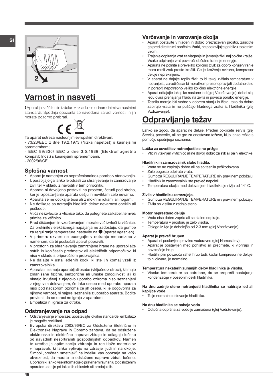Varnost in nasveti, Odpravljanje težav, Splošna varnost | Odstranjevanje na odpad, Varčevanje in varovanje okolja | Indesit TIAA 10 X User Manual | Page 48 / 60