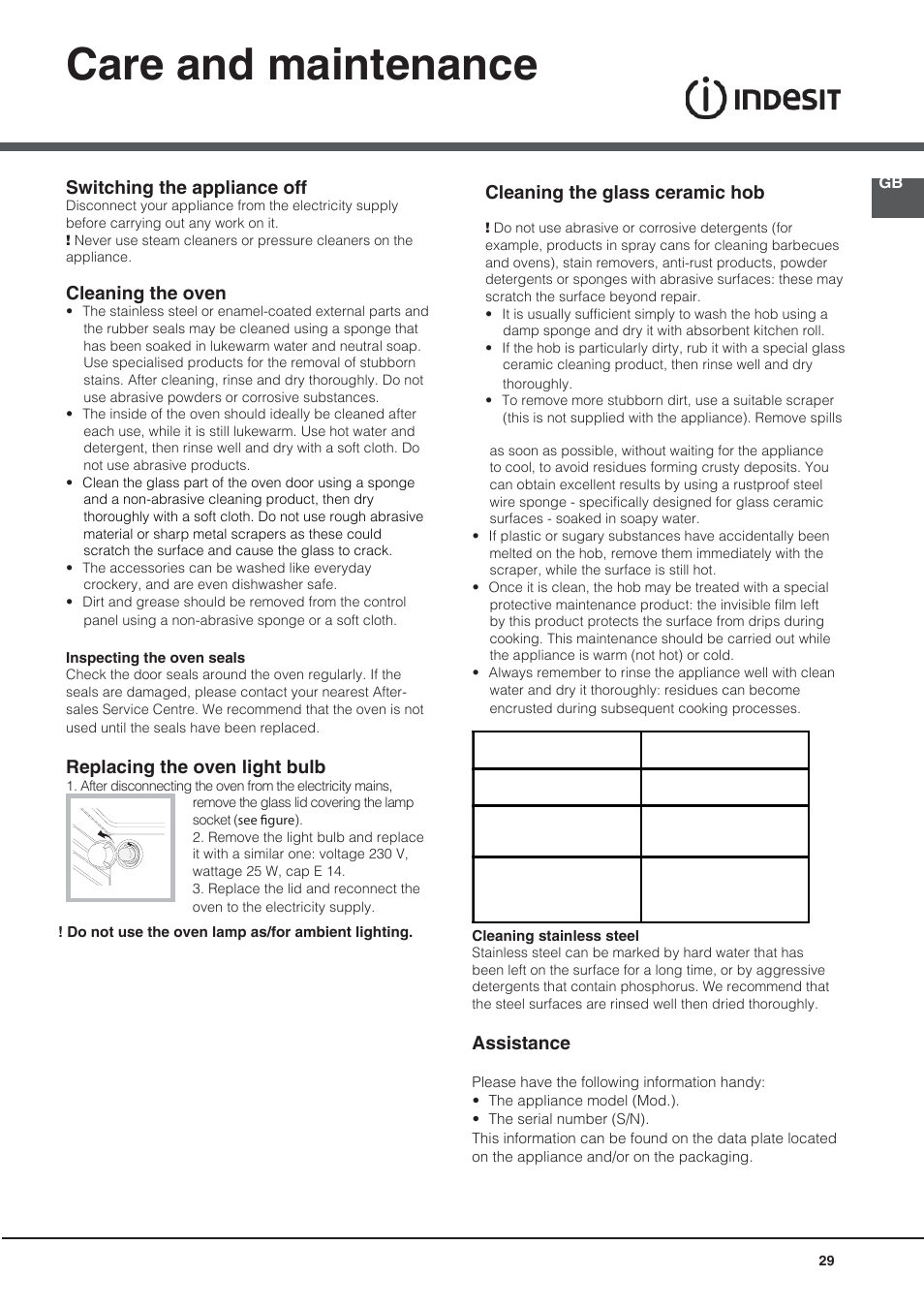 Care and maintenance, Switching the appliance off, Cleaning the oven | Replacing the oven light bulb, Cleaning the glass ceramic hob, Assistance | Indesit KN3C76A(X)-EU-S User Manual | Page 29 / 64