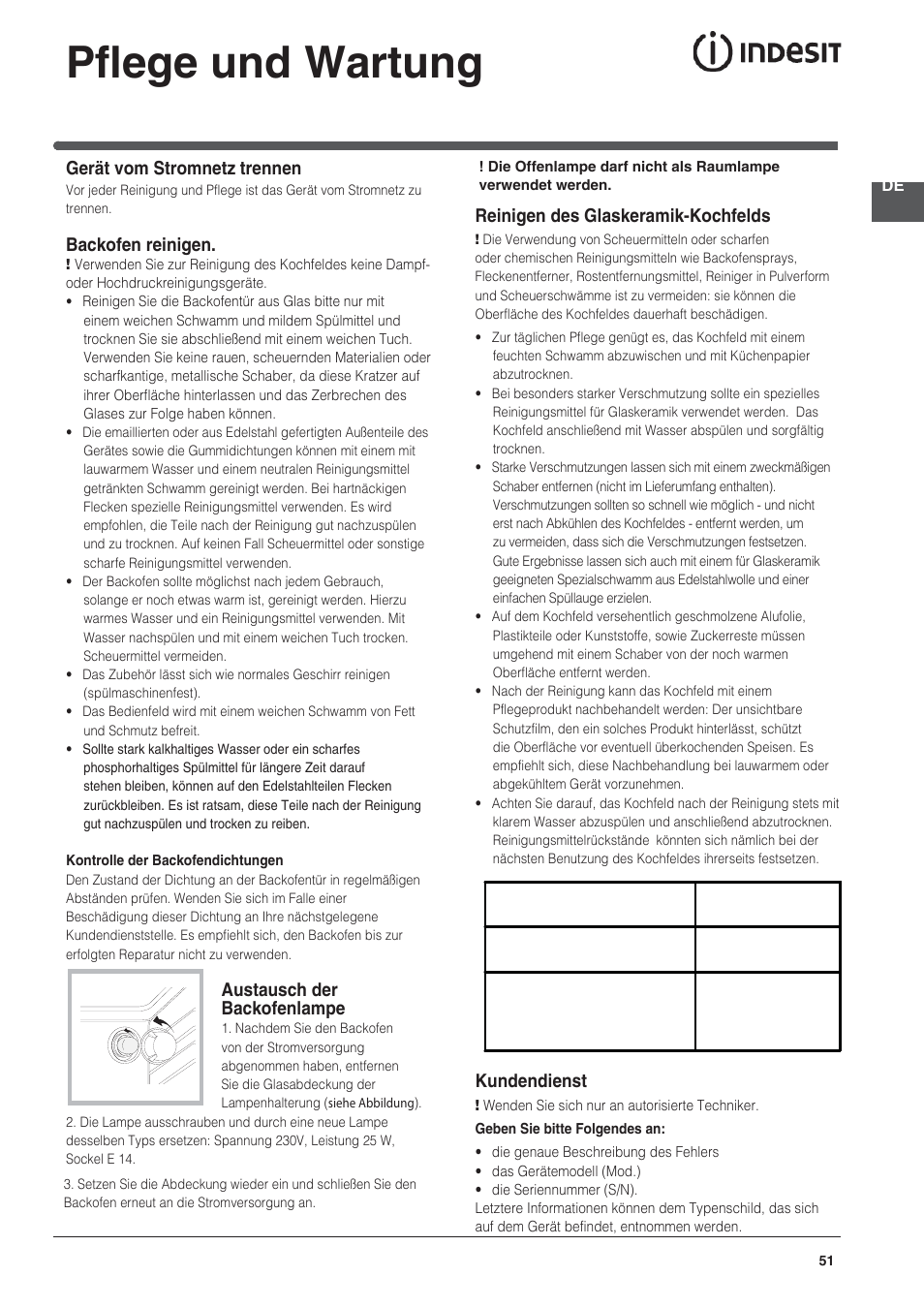 Pflege und wartung, Gerät vom stromnetz trennen, Backofen reinigen | Austausch der backofenlampe, Reinigen des glaskeramik-kochfelds, Kundendienst | Indesit KN3C76A(X)-EU-S User Manual | Page 51 / 64