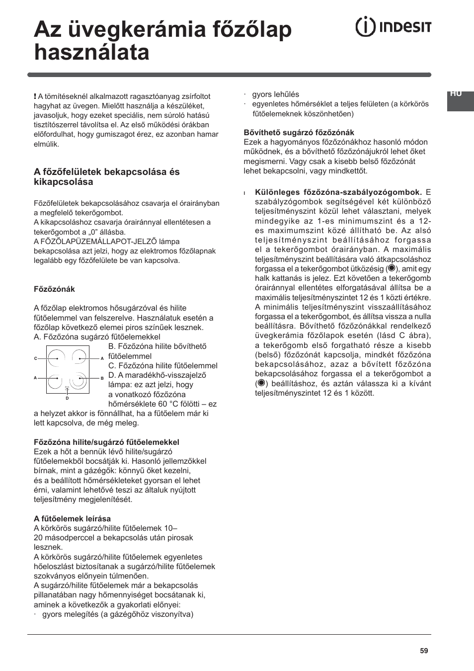 Az üvegkerámia főzőlap használata | Indesit KN3C76A(X)-EU-S User Manual | Page 59 / 64
