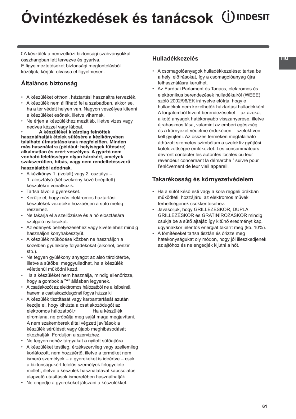 Óvintézkedések és tanácsok | Indesit KN3C76A(X)-EU-S User Manual | Page 61 / 64