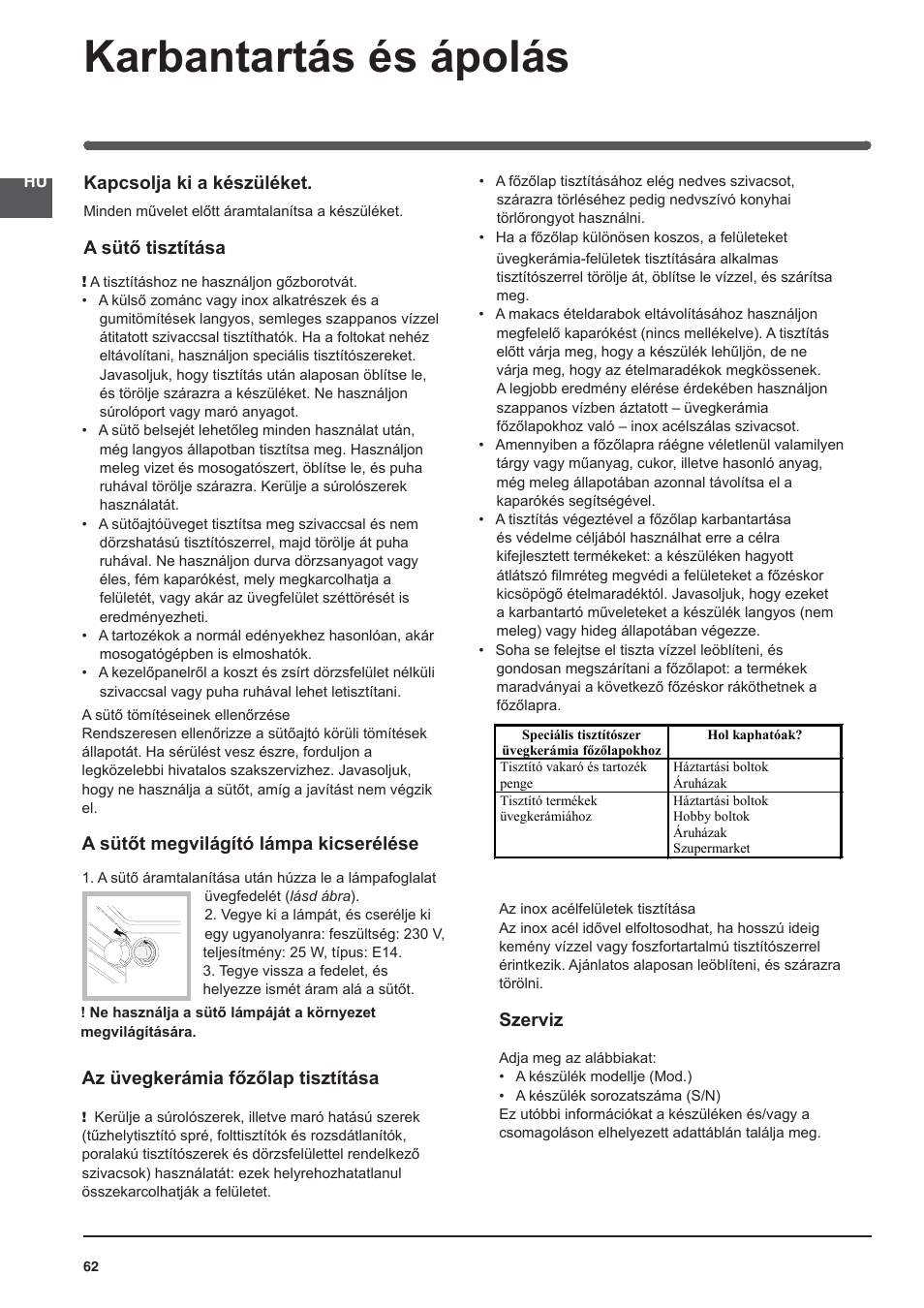 Karbantartás és ápolás | Indesit KN3C76A(X)-EU-S User Manual | Page 62 / 64