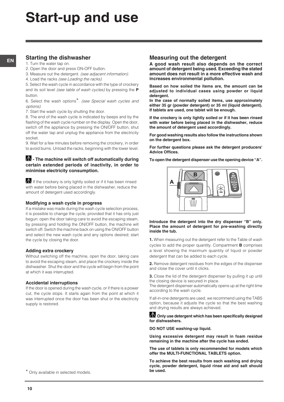 Start-up and use, Starting the dishwasher, Measuring out the detergent | Indesit DIFP-18B1-A-EU User Manual | Page 10 / 60