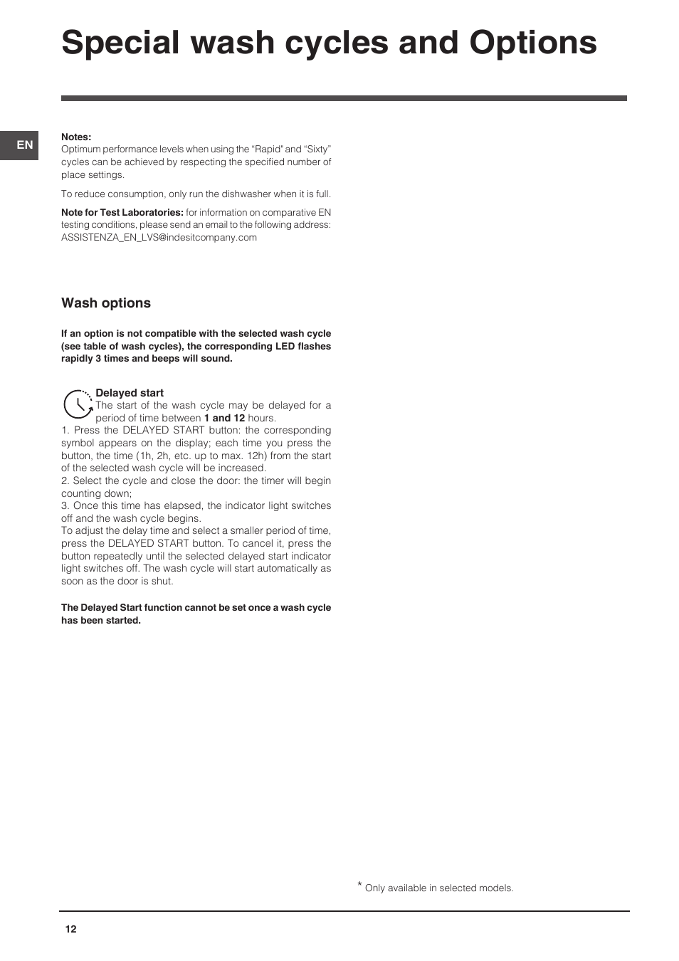 Special wash cycles and options | Indesit DIFP-18B1-A-EU User Manual | Page 12 / 60