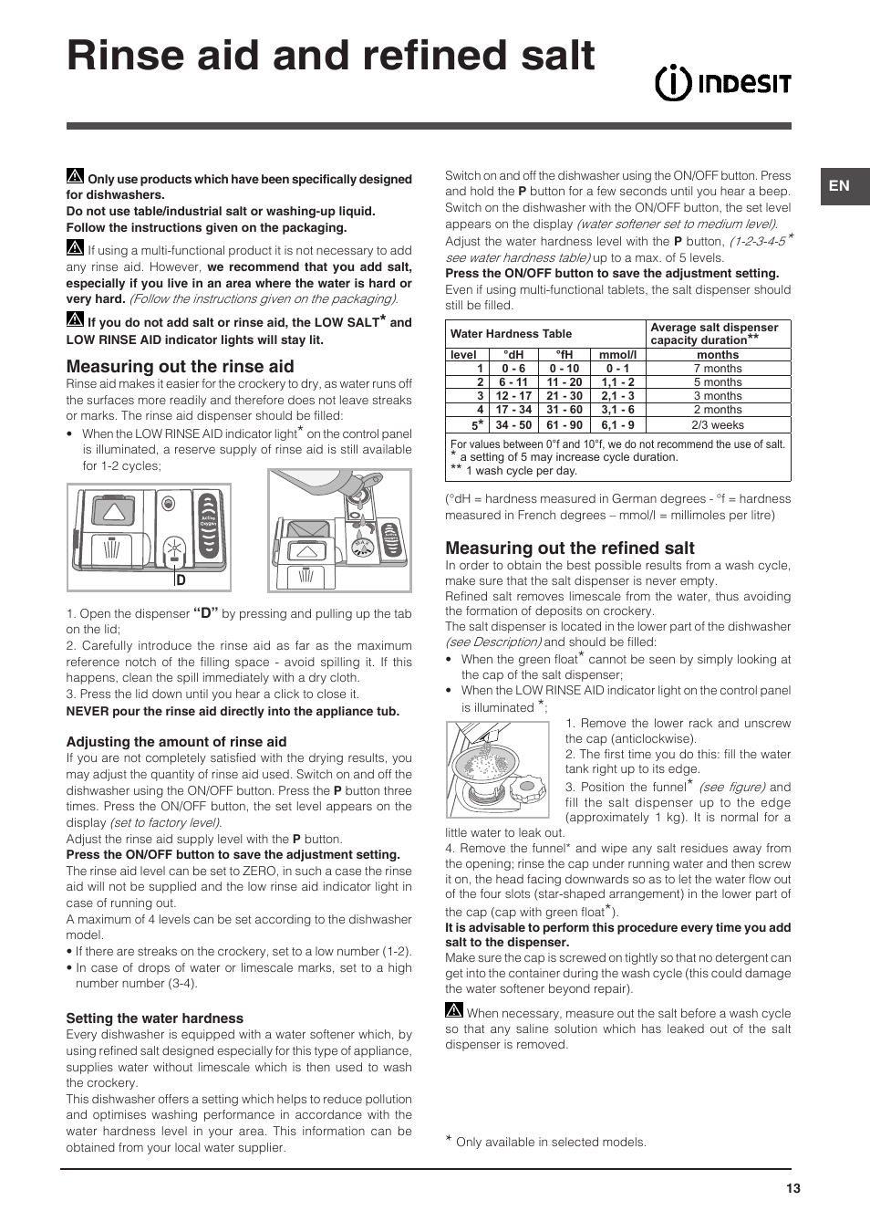 Rinse aid and refined salt, Measuring out the rinse aid, Measuring out the refined salt | Indesit DIFP-18B1-A-EU User Manual | Page 13 / 60