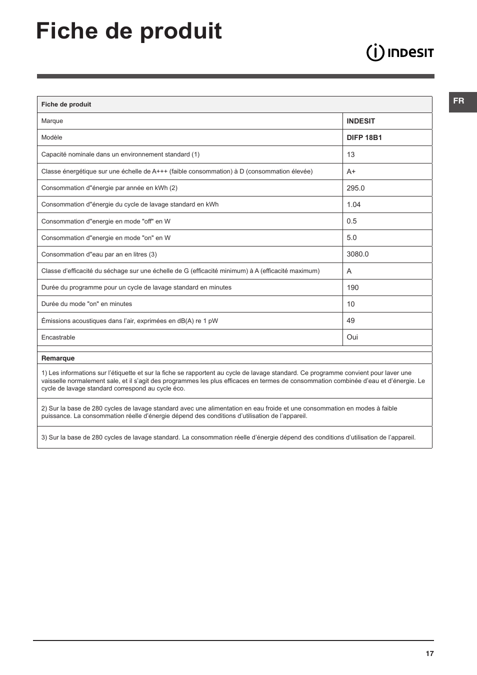 Fiche de produit | Indesit DIFP-18B1-A-EU User Manual | Page 17 / 60