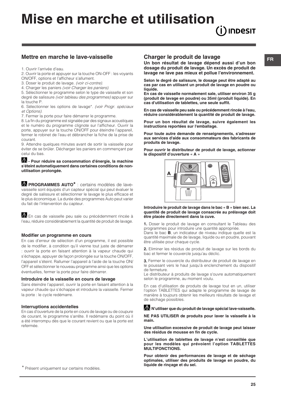Mise en marche et utilisation, Charger le produit de lavage, Mettre en marche le lave-vaisselle | Indesit DIFP-18B1-A-EU User Manual | Page 25 / 60