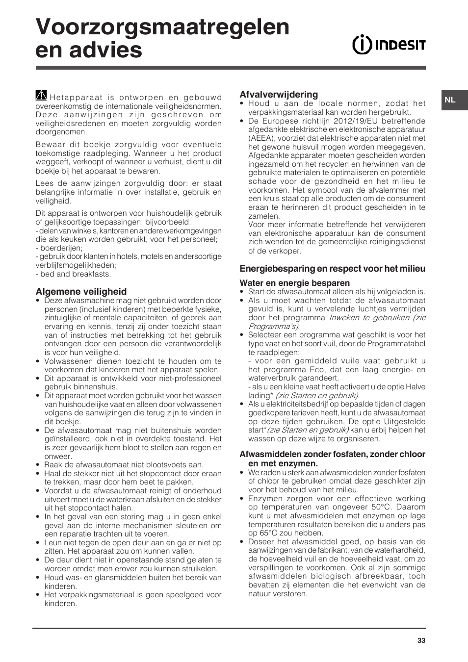 Voorzorgsmaatregelen en advies | Indesit DIFP-18B1-A-EU User Manual | Page 33 / 60