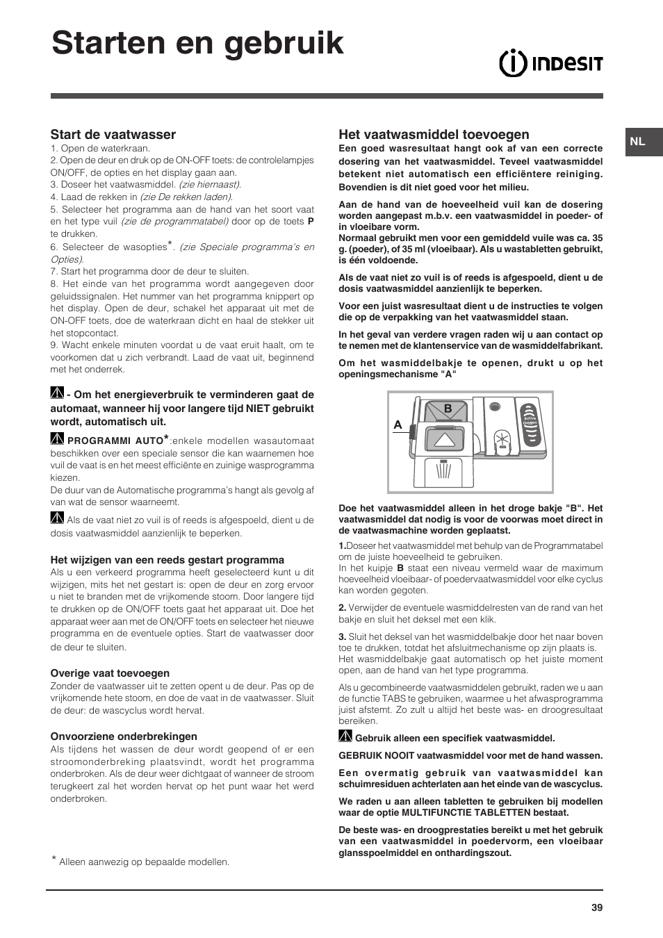 Starten en gebruik, Het vaatwasmiddel toevoegen, Start de vaatwasser | Indesit DIFP-18B1-A-EU User Manual | Page 39 / 60