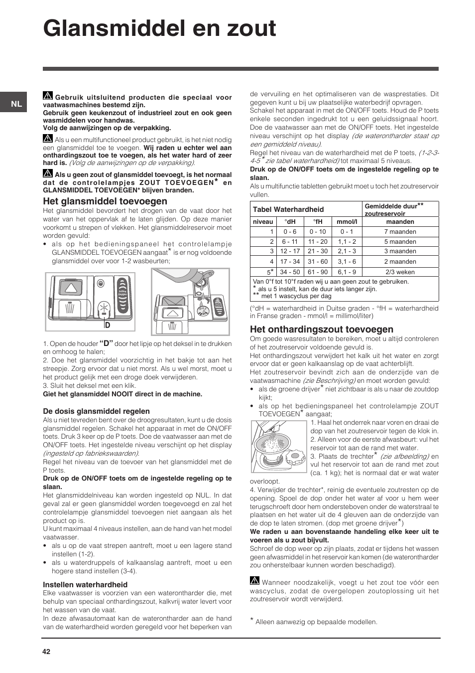 Glansmiddel en zout, Het glansmiddel toevoegen, Het onthardingszout toevoegen | Indesit DIFP-18B1-A-EU User Manual | Page 42 / 60