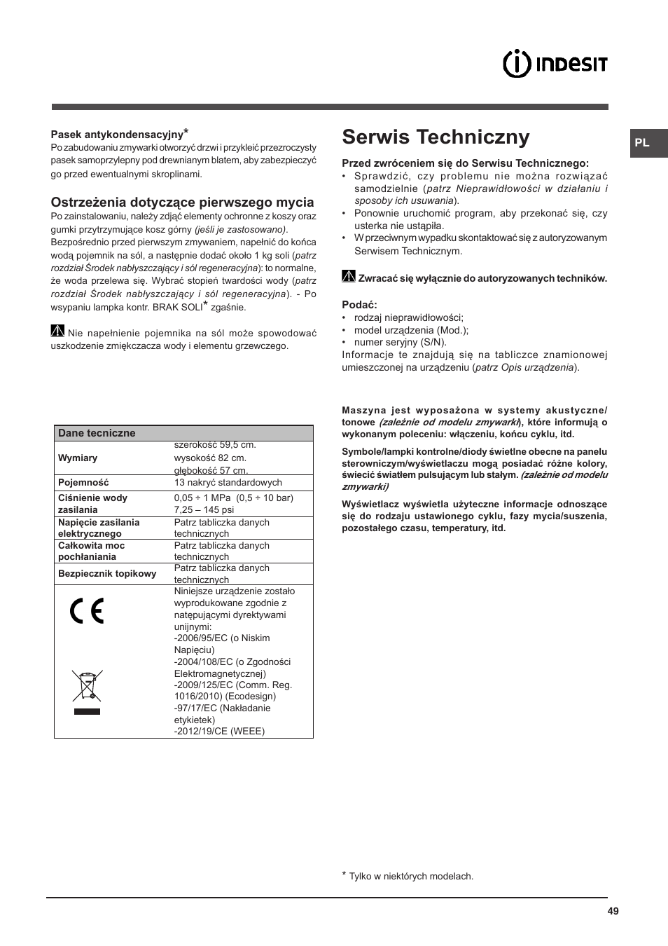 Serwis techniczny, Ostrzeżenia dotyczące pierwszego mycia | Indesit DIFP-18B1-A-EU User Manual | Page 49 / 60