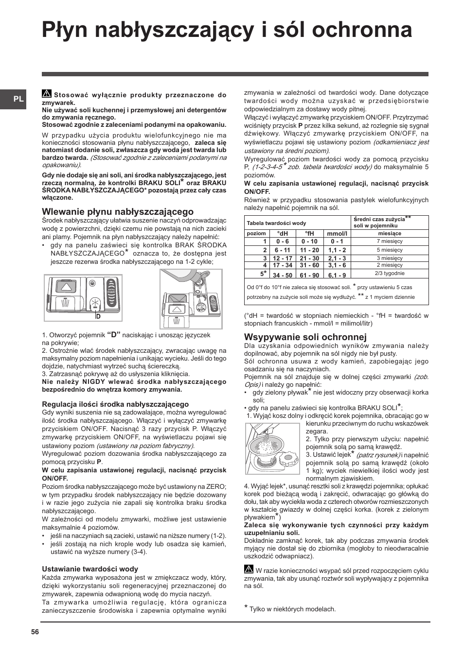 Płyn nabłyszczający i sól ochronna, Wlewanie płynu nabłyszczającego, Wsypywanie soli ochronnej | Indesit DIFP-18B1-A-EU User Manual | Page 56 / 60