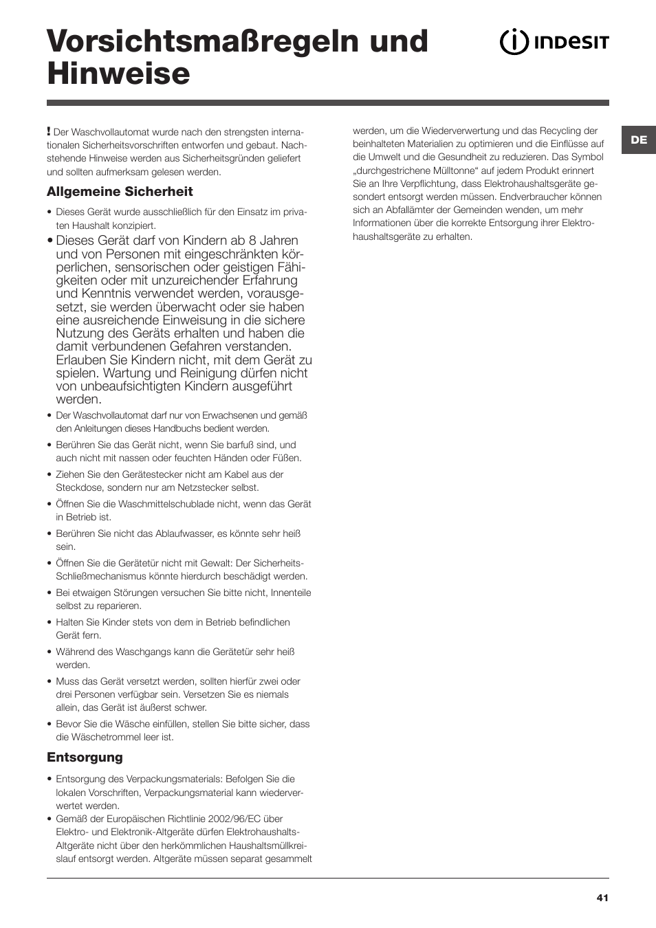 Vorsichtsmaßregeln und hinweise | Indesit IWTE-71280-ECO-(EU) User Manual | Page 41 / 60