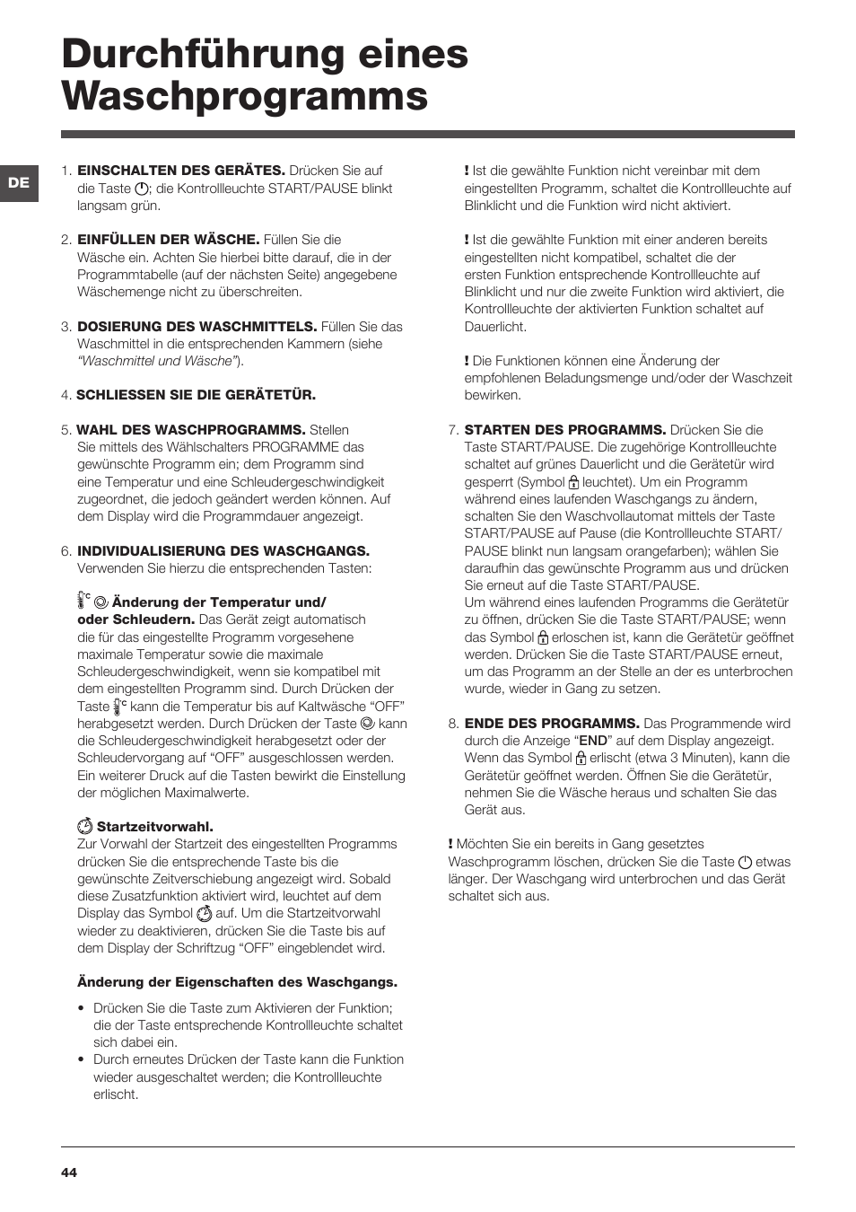 Durchführung eines waschprogramms | Indesit IWTE-71280-ECO-(EU) User Manual | Page 44 / 60