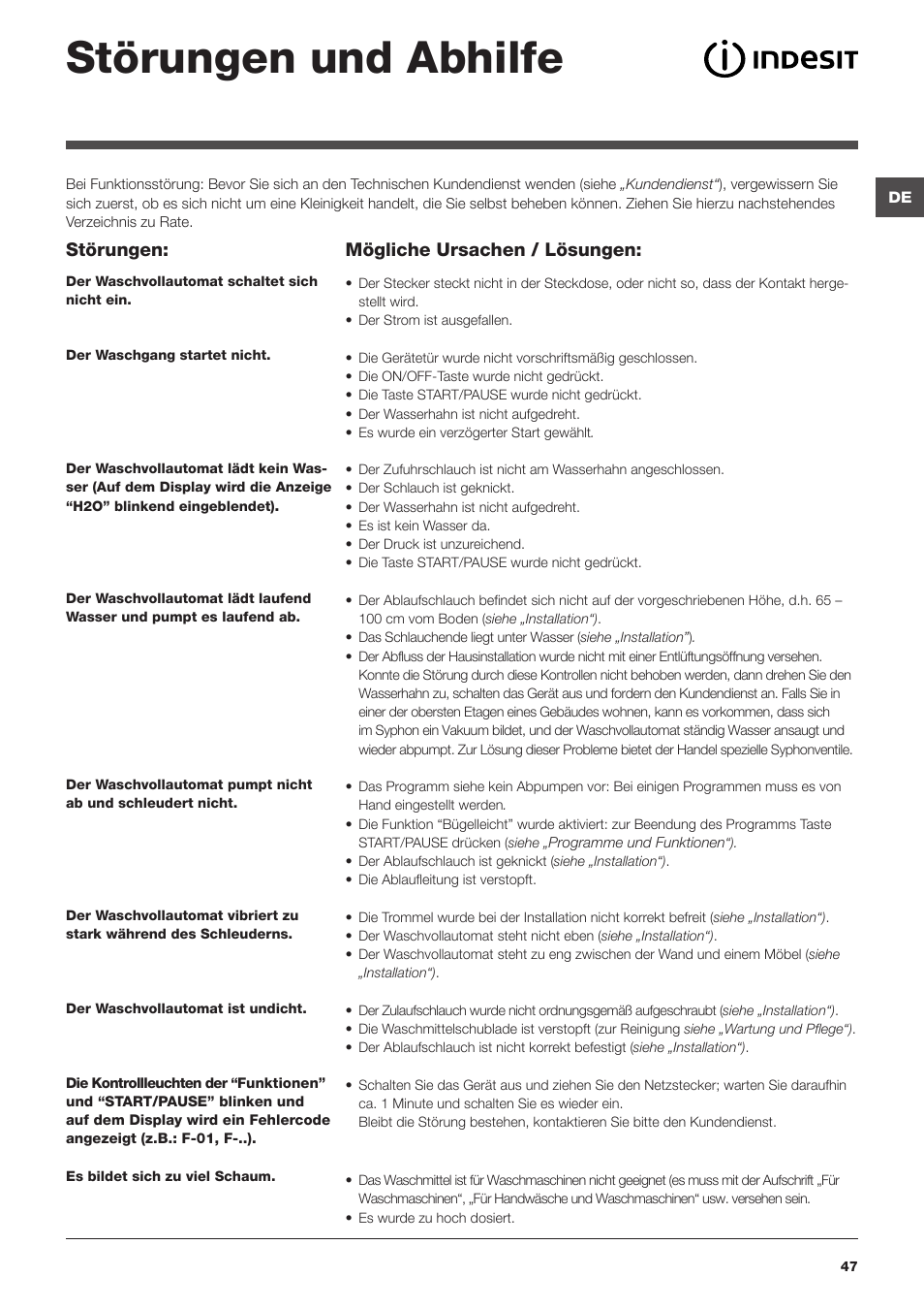 Störungen und abhilfe, Störungen, Mögliche ursachen / lösungen | Indesit IWTE-71280-ECO-(EU) User Manual | Page 47 / 60